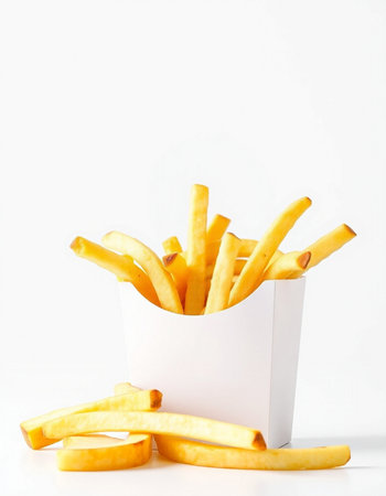 French fries in a white box on a white background, close-up