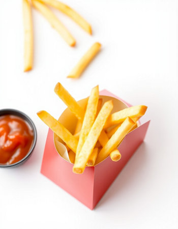 French fries with ketchup on white background. Selective focus.