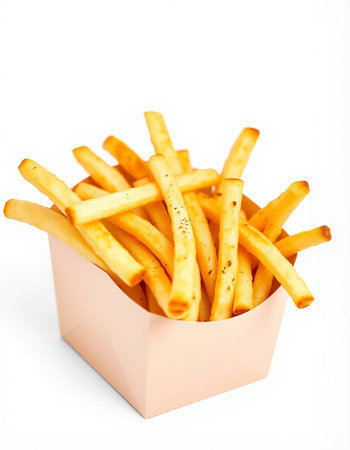 French fries in a paper box on a white background. Isolated