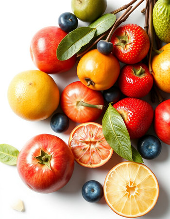 Fruits and berries on a white background, top view, flat lay