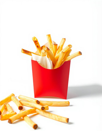 French fries in a red box on a white background, fast food