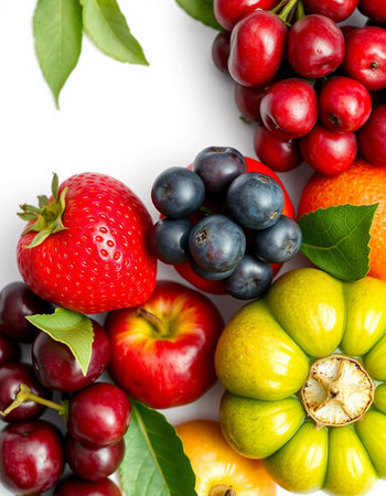 Assortment of fresh fruits and berries isolated on a white background.