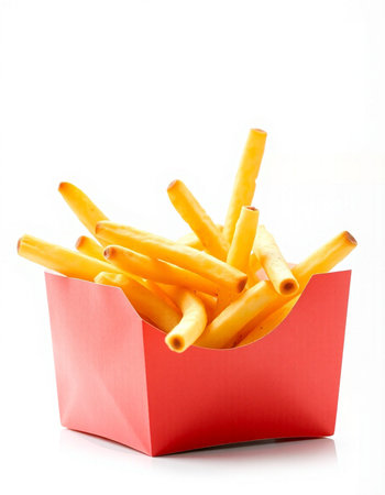 French fries in a red box on a white background. Isolated