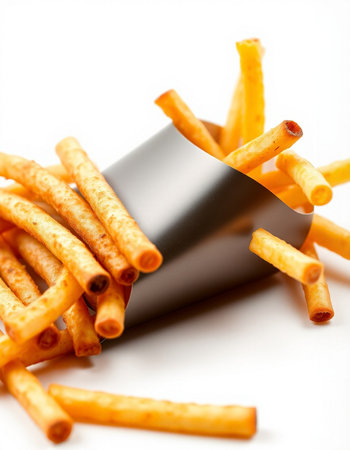 French fries in a paper box on a white background. Shallow dof.