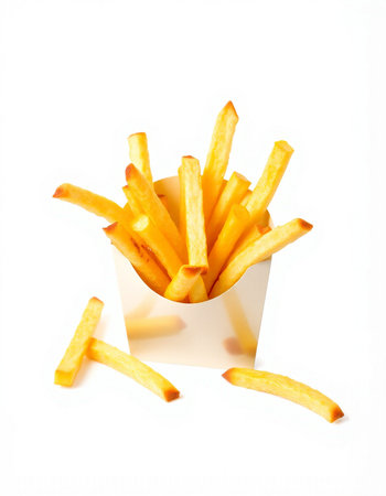 French fries in paper box isolated on white background. Selective focus.