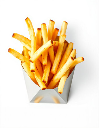 French fries in a box on a white background. Selective focus.