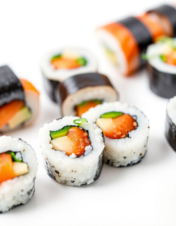 Japanese Cuisine - Sushi Roll with Salmon, Cucumber, Cream Cheese and Raw Salmon inside. Isolated on White Backgroundの写真素材