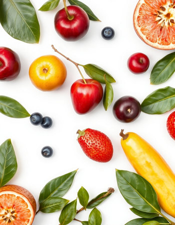 Fruits and berries isolated on white background. Flat lay, top viewの写真素材