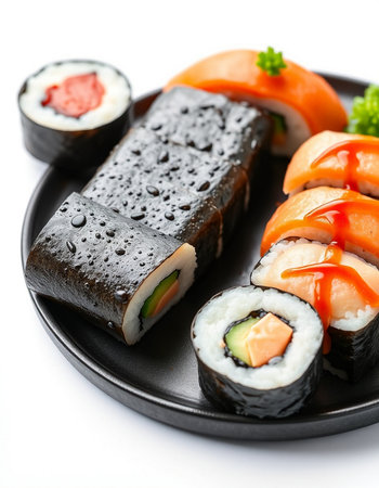 Sushi rolls on black plate isolated on white background. Japanese foodの写真素材