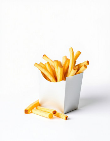French fries in a white box on a white background. Fast food.