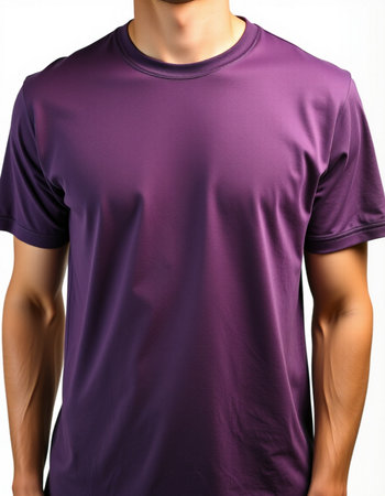 Men's purple t-shirt on a mannequin on a white backgroundの写真素材