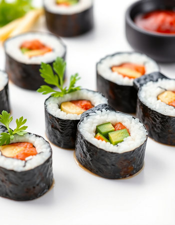 Sushi rolls with salmon, avocado and cucumber on white backgroundの写真素材