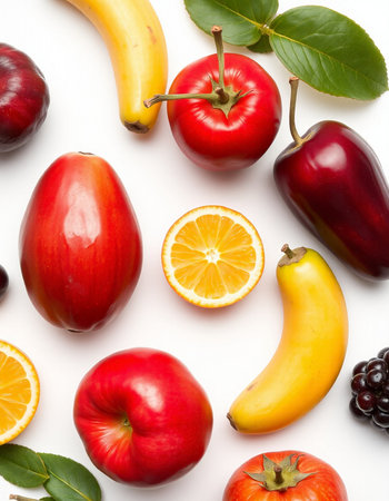 Fruits and vegetables on white background, top view. Healthy food