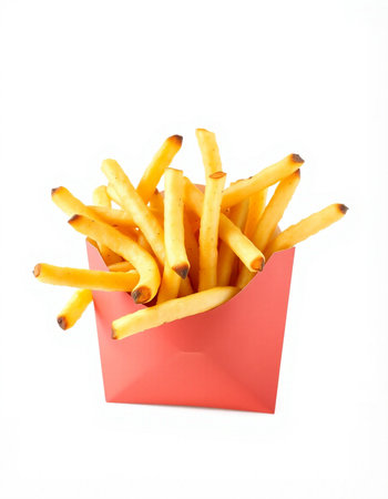 French fries in a red box isolated on white background. Selective focus.