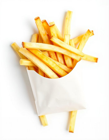 French fries in paper bag isolated on white background. Top view.