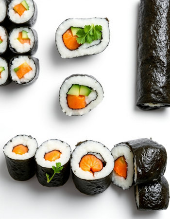 Sushi rolls set isolated on white background. Top view, flat lay