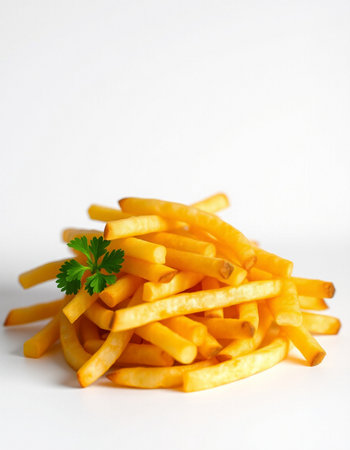 Golden French fries with parsley on a white background, selective focusの写真素材
