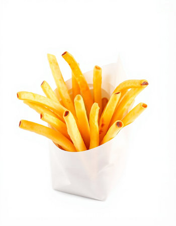 French fries in paper box isolated on white background. Selective focus.