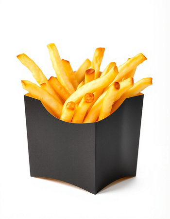 French fries in a black box on a white background. Isolated
