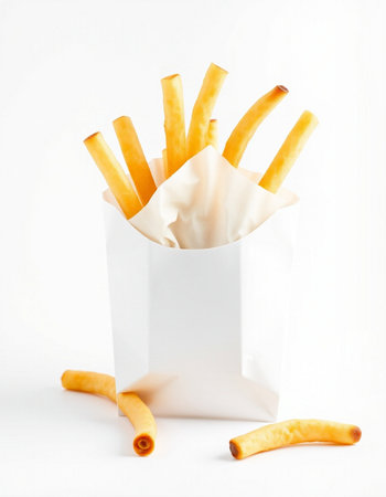 French fries in paper bag on white background. Shallow dof.