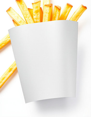 French fries with blank sheet of paper on white background, top view