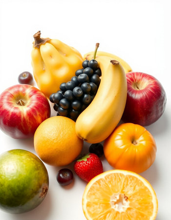 Assorted fresh fruits isolated on white background. Healthy food concept.