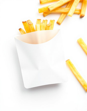 French fries in a white paper box isolated on a white background.の写真素材