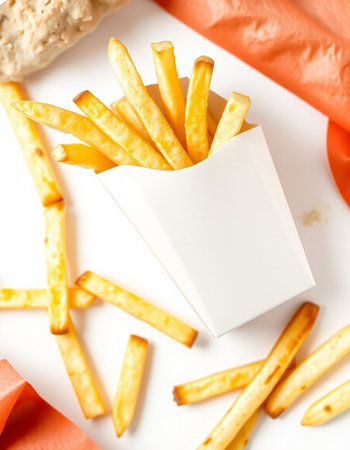 French fries in a paper box on a white background, top viewの写真素材
