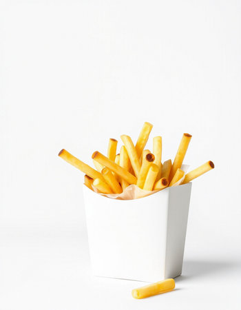 French fries in a paper cup on a white background. Fast food.の写真素材