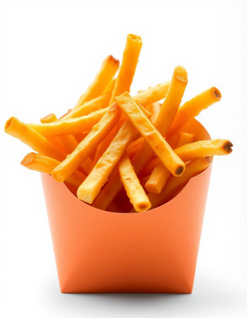 French fries in a paper box on a white background. Shallow dof.