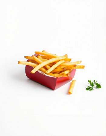French fries in a red box on a white background with parsleyの写真素材