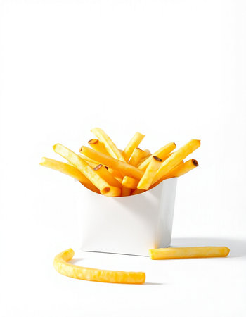French fries in a white box on a white background. Isolated