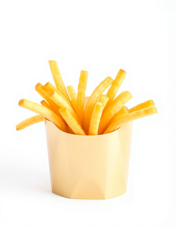 French fries in a yellow box isolated on white background. Fast food.