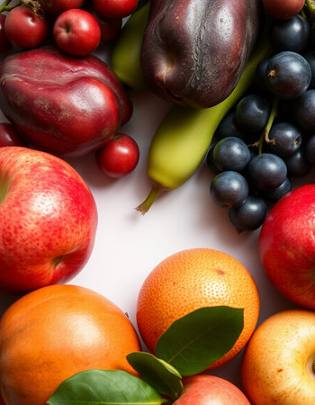 Fruits and vegetables on the white background. Healthy food concept.の写真素材