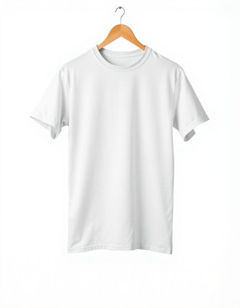 White t-shirt on wooden hanger isolated on white background.