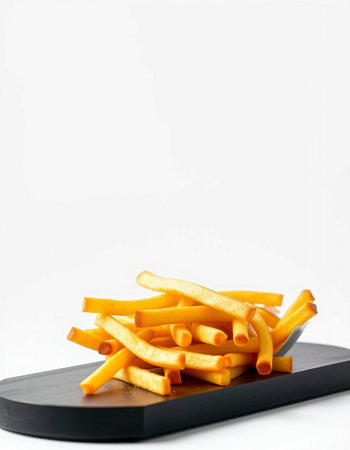 French fries on a black plate on a white background with copy space