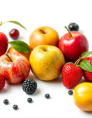 Fruits and berries on a white background. Healthy food concept.