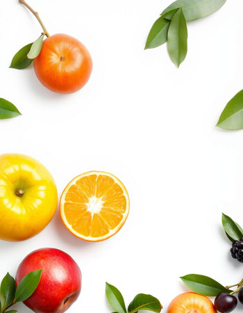 Fresh fruits with leaves on white background. Flat lay, top view