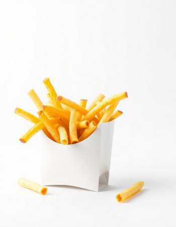 French fries in a white box on a white background, fast food