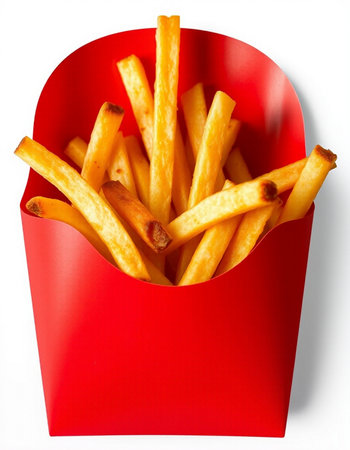 French fries in a red box isolated on white background. Top view.
