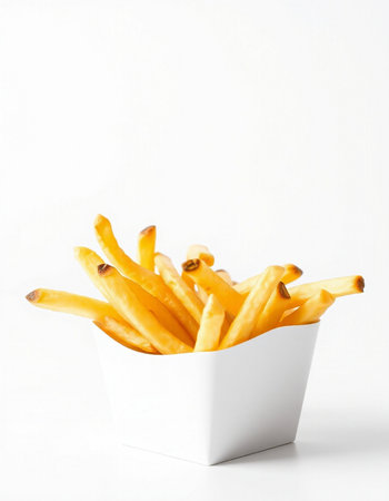 French fries in a white bowl on a white background. Selective focus.