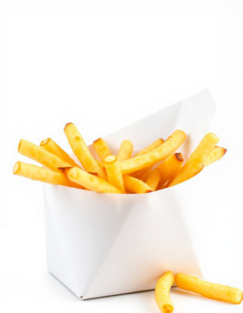 French fries in a paper box on a white background. Selective focus.
