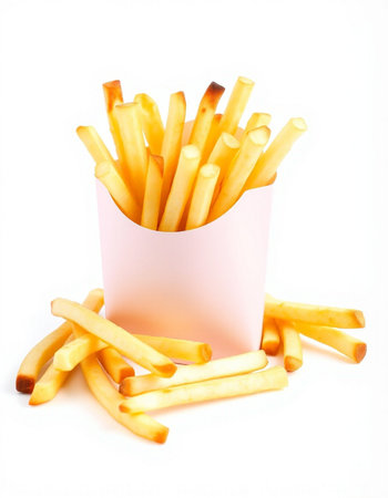 French fries in paper box isolated on white background. Selective focus.