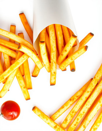 French fries with tomato and ketchup isolated on a white background.