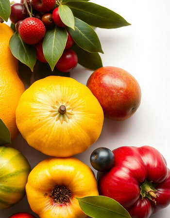 Autumn fruits and vegetables on a white background, top view.