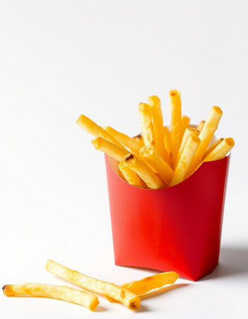 French fries in a red box on a white background, fast food