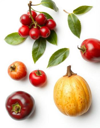 Autumn fruits and vegetables on a white background, top view.の写真素材