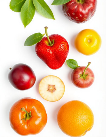 Fresh fruits isolated on white background. Top view. Flat lay.