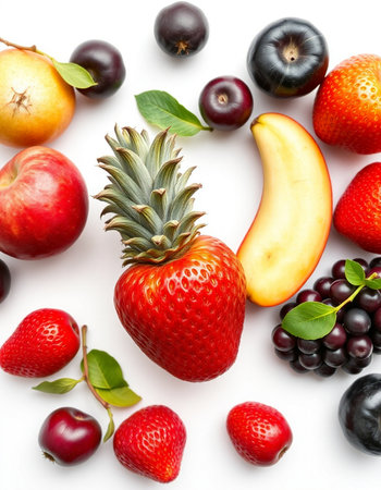 Fruits and berries isolated on white background. Top view. Flat lay.の写真素材