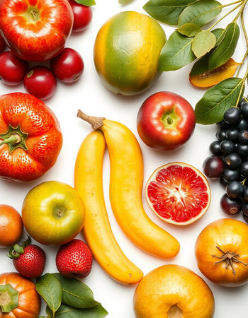 Fruits and vegetables on a white background. Flat lay, top view